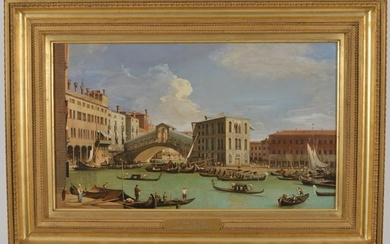 19th century Canaletto style painting of Venice canal scene. Oil on canvas. Framed. Relined. Sight