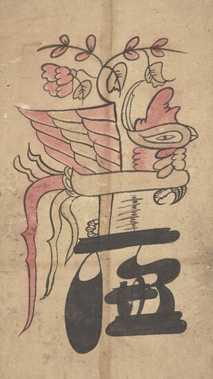 19th century Korean School, ink and colour on paper screen section now mounted as a scroll, study of a phoenix, 56x32cm