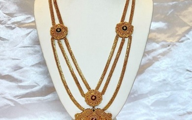 22K ENAMEL GOLD SET OF NECKLACE EARRINGS AND RING 120.30 GRAMS