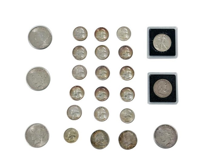 24 US Silver Coin Lot, Peace $1, Half's, Quarters