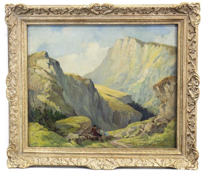SWISS MOUNTAIN PASS WITH FIGURES RESTING, AN OIL BY PERCY LANCASTER