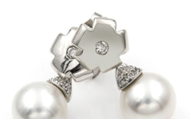 18 kt. South sea pearl, White gold - Earrings - 0.20 ct Diamond
