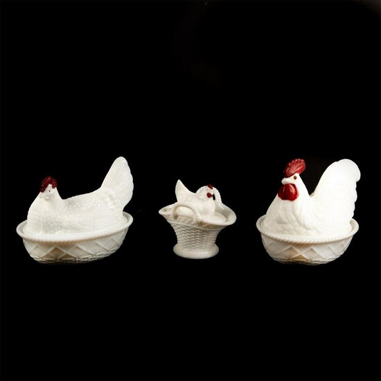 3 Westmoreland Milk Glass Chickens On A Basket Type