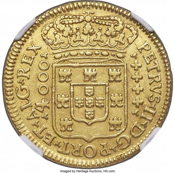 30075: Pedro II gold 4000 Reis 1703-R AU55 NGC, Rio de