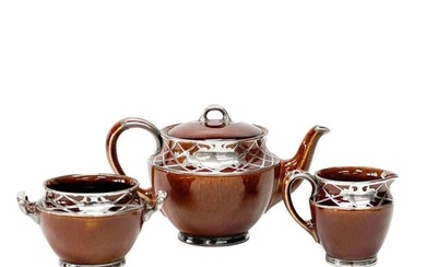 3pc Lenox Porcelain Sterling Silver Overlay Brown Glaze Tea Set c. 1920