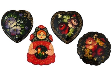 4 RUSSIAN TRADITIONAL HAND PAINTED WOODEN BADGES