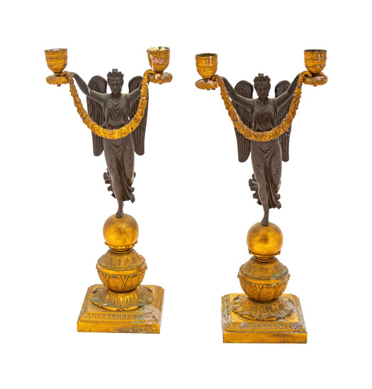 A Pair of Empire Gilt and Patinated Bronze Twin-light Candelabra