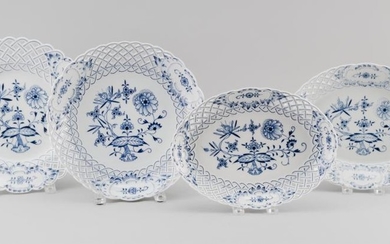 FOUR MEISSEN "BLUE ONION" PATTERN PORCELAIN BOWLS WITH PIERCED RIMS Two circular, diameters 11" and 11.5", and two oblong, one with...