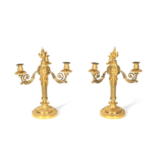 A pair of late 19th century French gilt bronze three light candelabra