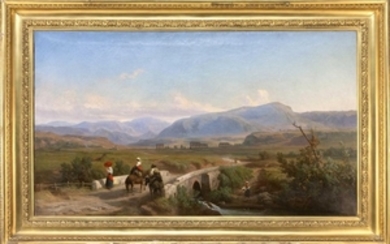 FRANZ KNEBEL, Switzerland, 1809-1877, Expansive landscape with ruins., Oil on canvas, 28" x 48.75". Framed 37.75" x 58.75".