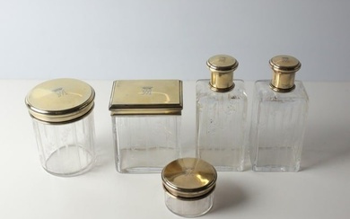 5pc Set Gustave Keller French Gilt sterling silver cut glass vanity set