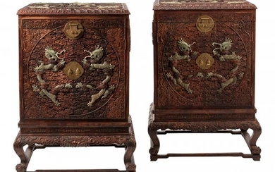 61075: A Pair of Chinese Hardstone Set Carved Wood Cabi