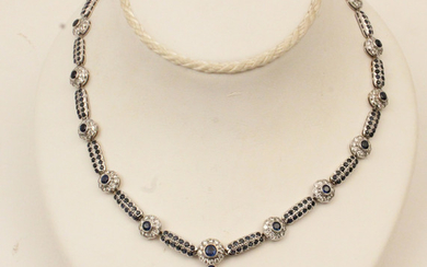 18K W. GOLD DIAMOND AND SAPPHIRE NECKLACE