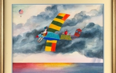 ANDRZEJ CZECZOT, Poland, 1933-2012, A flying machine at sunset., Watercolor on paper, 20.75" x 27.5" sight. Framed 29" x 35".