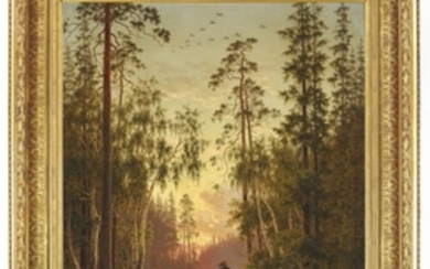 Carl Bøgh: Forest scene with elks. Evening. Signed and dated Carl H. Bøgh 1879. Oil on canvas. 114 x 95 cm.