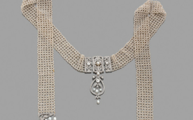 CIRCA 1910 PEARL AND DIAMOND NECKLACE A natural pearl, diamond...