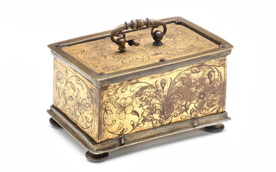 An early 17th century gilt copper, brass and blued steel miniature casket, or petit coffret, Augsburg or Nuremberg, circa 1620