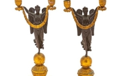 A Pair of Empire Gilt and Patinated Bronze Twin-light