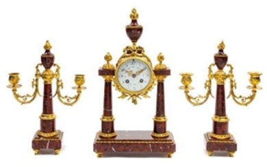 A French Gilt Bronze and Marble Clock Garniture Height