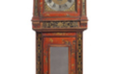 A GEORGE III SCARLET-JAPANNED AND VERRE EGLOMISE TALL-CASE CLOCK, PARTS 18TH CENTURY AND LATER