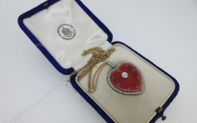 A guilloche enamel and diamond heart shaped pendant