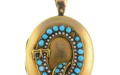 A late Victorian 18ct gold turquoise and split pearl locket. View more details