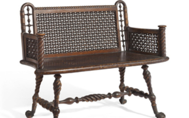 A VICTORIAN STAINED OAK BENCH, POSSIBLY CENTRAL EUROPEAN, 19TH CENTURY
