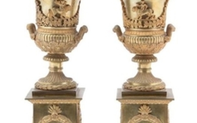 A Pair of French Empire Gilt Bronze Campana-form Urns on Pedestal Bases