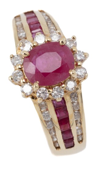 A 14CT GOLD RUBY AND DIAMOND RING; centring an oval ruby of approx. 1.00ct surrounded by 12 round brilliant cut diamonds to shoulder...