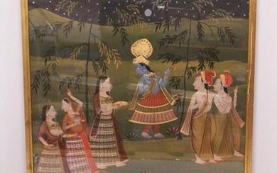 A 19TH-20TH CENTURY FRAMED INDIAN PAINTING ON TEXTILE