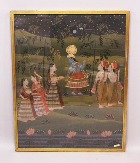 A 19TH-20TH CENTURY FRAMED INDIAN PAINTING ON TEXTILE