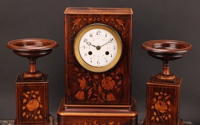 A 19th century French rosewood and marquetry mantel clock ga...