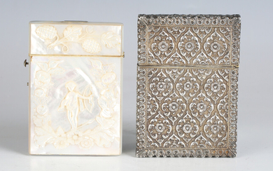 A 19th century mother-of-pearl visiting card case, one side carved with Cupid standing within a bord