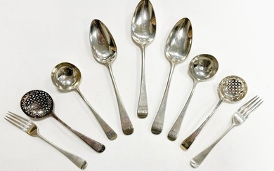 A 34-piece set of George III 18th century silver flatware with 55 additions