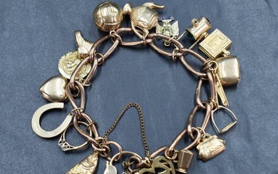 A 9ct gold curb link charm bracelet having seventeen gold charms of various design including a