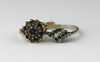 A 9ct gold synthetic dark blue and colourless gem set cluster ring