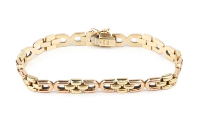 A 9ct two-colour gold bracelet, composed of D shaped and...