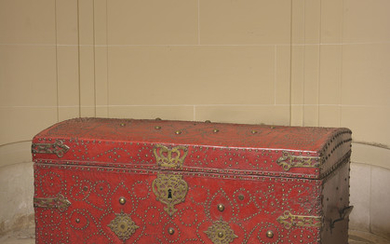 A BRASS-STUDDED AND IRON-MOUNTED RED LEATHER TRUNK, 17TH CENTURY, PROBABLY PORTUGUESE