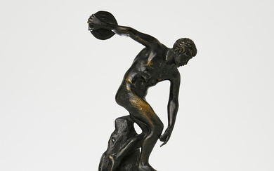 A BRONZE SCULPTURE, “The discus thrower el. Diskobolos”, after Myron, 20th century, on plinth in marble, sienna giallo.