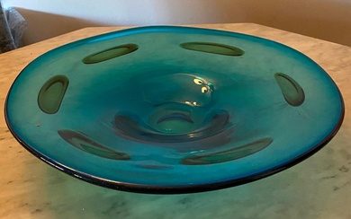 A Blue Green Art Glass Bowl with Elongated Bubble Detail