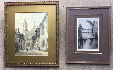 A C19th watercolour, continental street scene with church, unsigned, gilt...