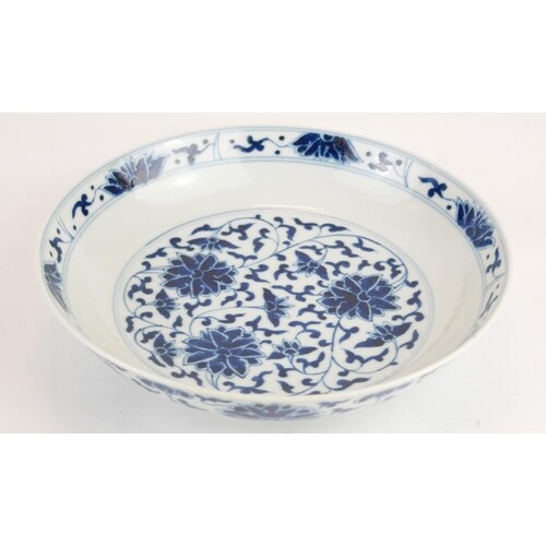 A CHINESE BLUE AND WHITE PORCELAIN 'LOTUS' SHALLOW BOWL Hand...