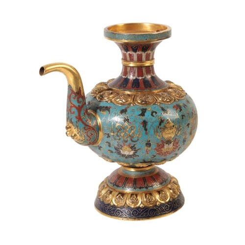 A CHINESE CLOISONNE TIBETAN STYLE EWER with finely chased gi...