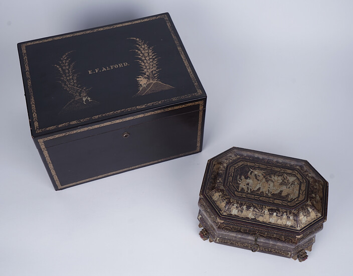 A CHINESE-EXPORT GILT DECORATED LACQUERED BOX AND ANOTHER CHINESE EXPORT BOX (2)
