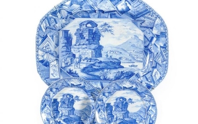 A C.J. Mason & Co. shaped octagonal Cambrian Argil meat dish printed with the 'Classical Landscape' pattern