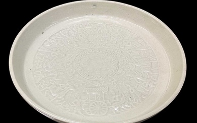 A Chinese celadon glazed dish, the interior decorated with figures,...