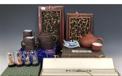 A Chinese scroll picture, a stoneware teapot and matching te...