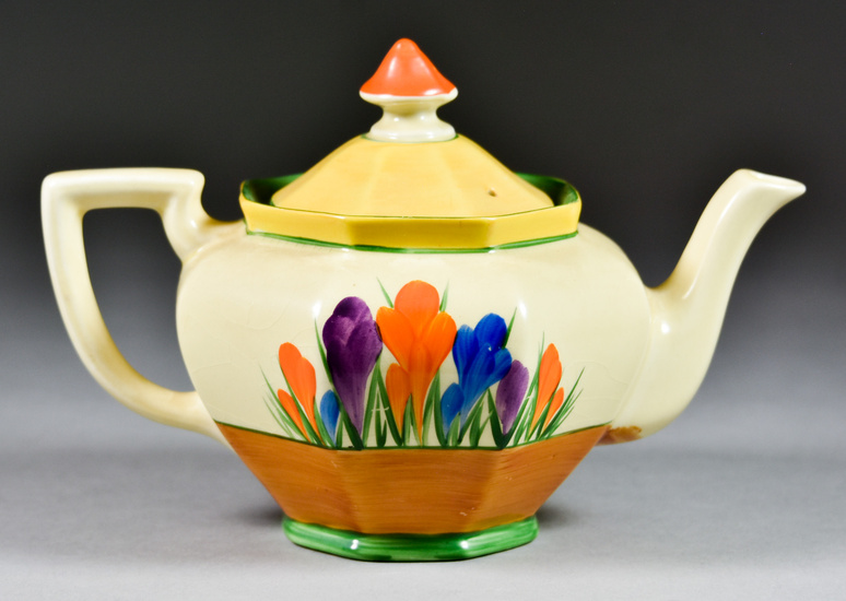 A Clarice Cliff Athens-Shaped Teapot and Cover Decorated in Crocus...
