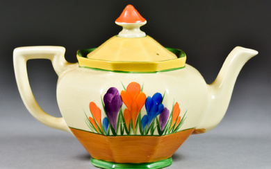 A Clarice Cliff Athens-Shaped Teapot and Cover Decorated in Crocus...