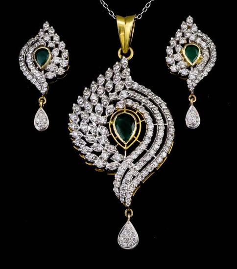 A Diamond and Emerald Pendant and Pair of Matching...